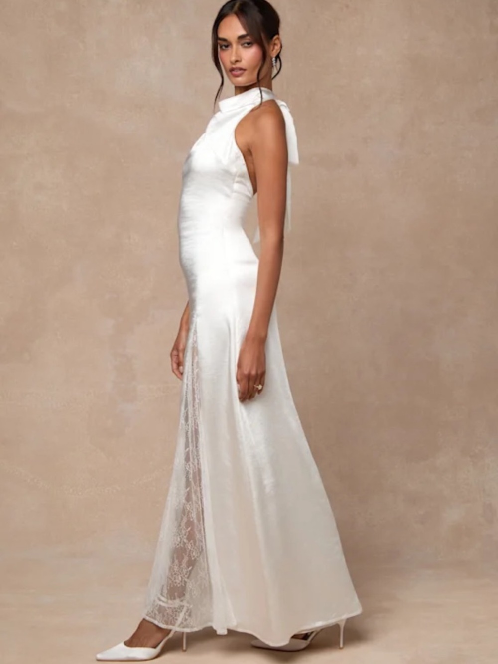 New Lulus Concetta Ivory Satin Elegant Halter Gown With Lace Panel Sz Medium - Picture 10 of 10